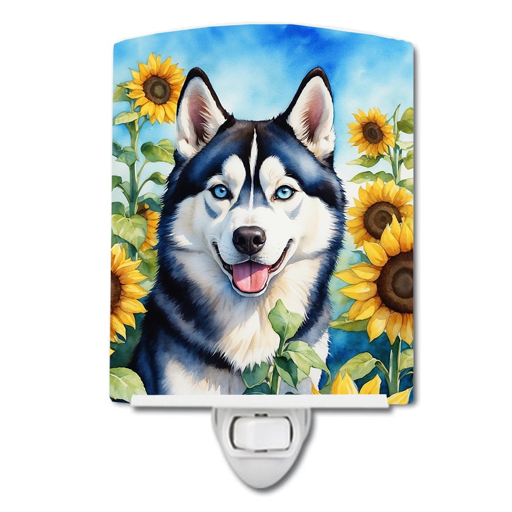 Siberian Husky in Sunflowers Ceramic Night Light 4 in x 6 in