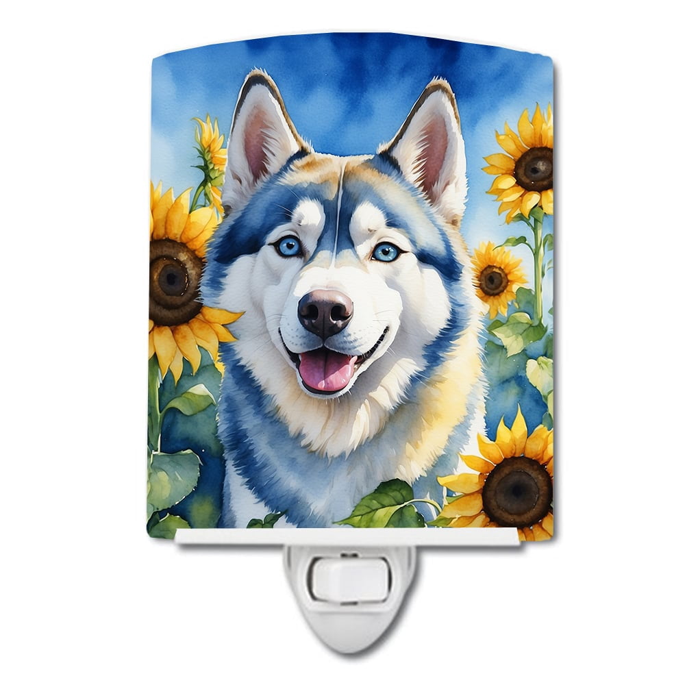 Siberian Husky in Sunflowers Ceramic Night Light 4 in x 6 in