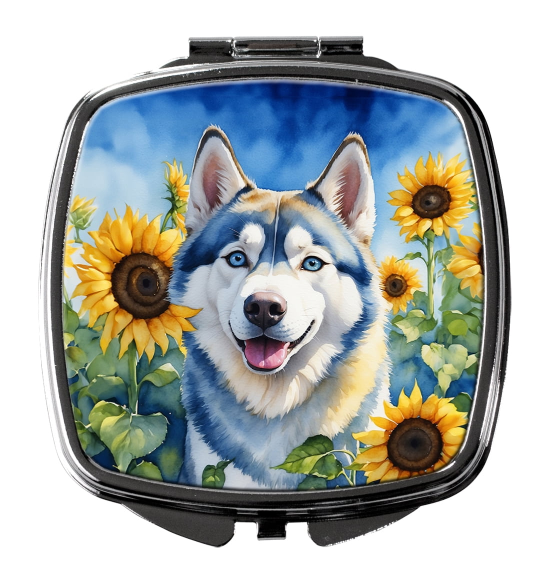 Siberian Husky in Sunflowers Compact Mirror 2.75 in x 3 in