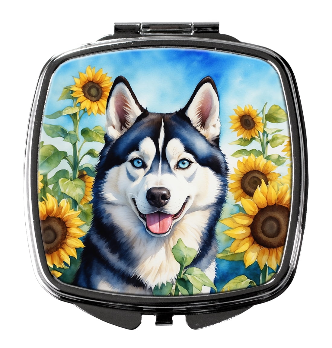 Siberian Husky in Sunflowers Compact Mirror 2.75 in x 3 in