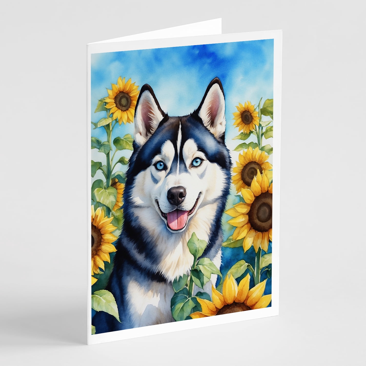 Siberian Husky in Sunflowers Greeting Cards Pack of 8 7 in x 5 in