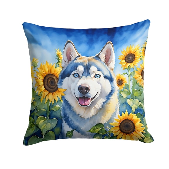 Siberian Husky in Sunflowers Throw Pillow
