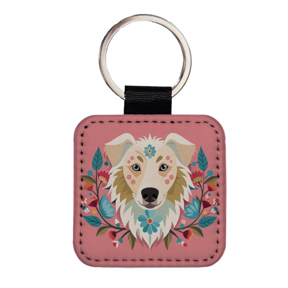 Siberian Retriever Head Floral Motif Pink Dog Faux Leather Square Keychain