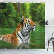 Siberian Tiger Lake Scene Shower Curtain - Wildcat Print for Stylish Bathroom Decor