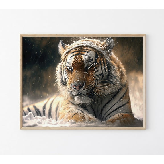 Siberian Tiger Lying Down In Thick Snowy Terrain Big Cat Wall Art Print Painting, For Home Office Decor, Gift For Tiger Lovers Wall Art, Modern Wall Decor, 8x12 UNFRAMED