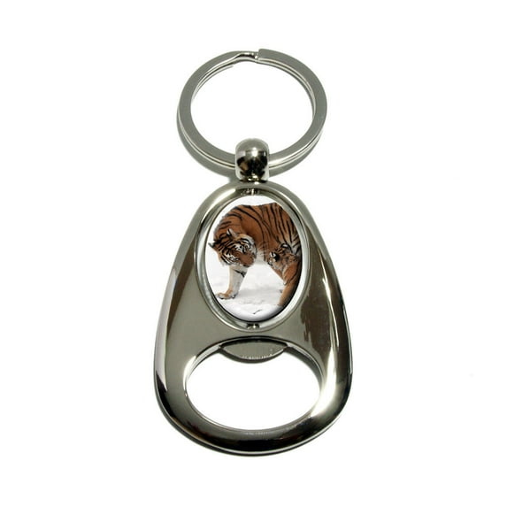 Siberian Tiger with Cub Baby Spinning Oval Bottle Opener Keychain