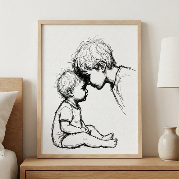 Sibling Bond Ink Line Drawing Wall Decor Unframed Paper Print