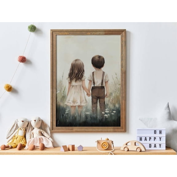 Sibling Brother Sister Wildflower Nursery Wall Art Decor, Unframed Canvas 8x10in