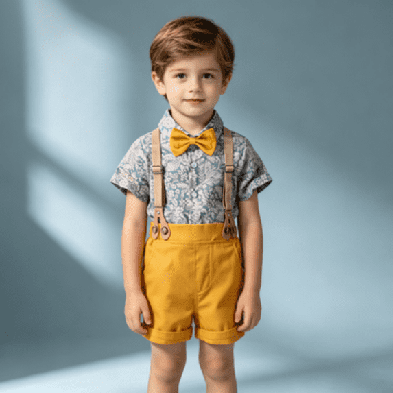 Sibling Matching Floral Print Peter Pan Collar Girl Dress Kids Short Sleeve Floral Dress Matching Boy Plaid Suspender Outfit Sets