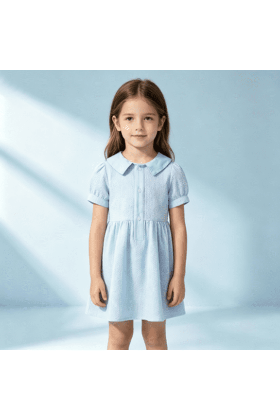 Sibling Matching Solid Peter Pan Collar Girl Dress Kids Puff Sleeve Button Dress Matching Boy Suspender Short Outfit Sets