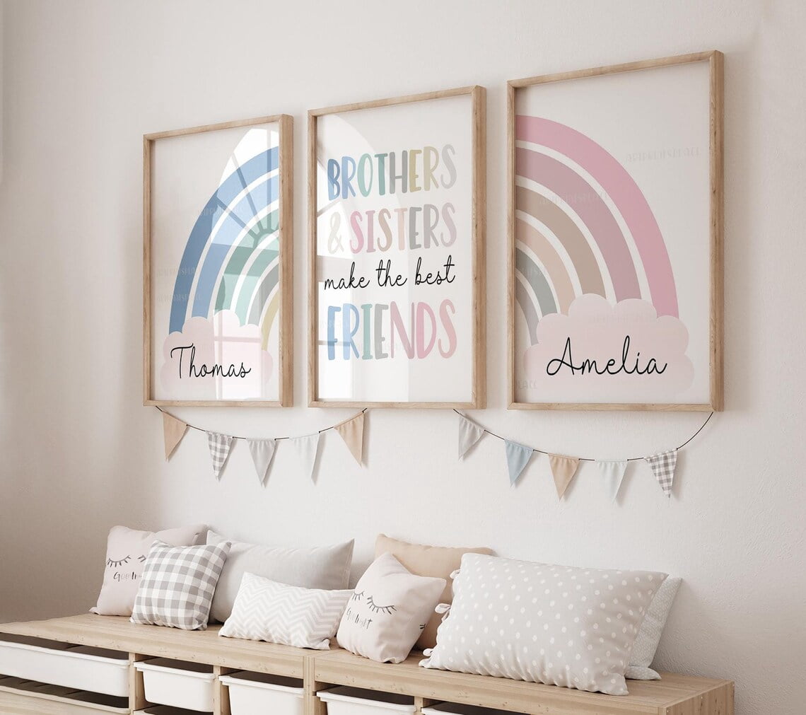 Sibling Prints Set Of 3, Colorful Rainbow Brother And Sister Playroom ...