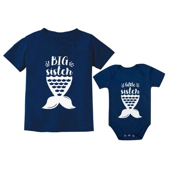 Sibling Shirts Set Big Sister Shirt Little Sister Bodysuit Mermaid Shirts Girls Toddler Navy 2T / Baby Navy 12M (6-12M)