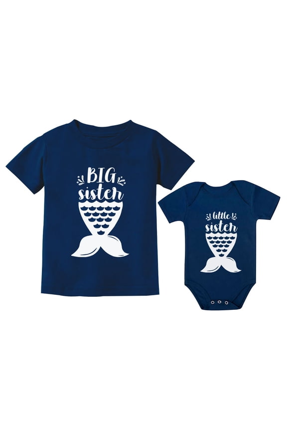 Sibling Shirts Set Big Sister Shirt Little Sister Bodysuit Mermaid Shirts Girls Toddler Navy 4T / Baby Navy 24M (18-24M)