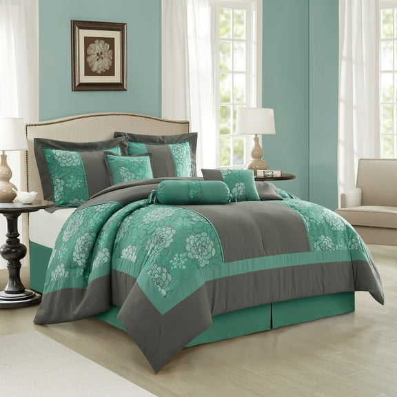 Sibyl 7 Piece Comforter Set, Queen, Aqua Grey
