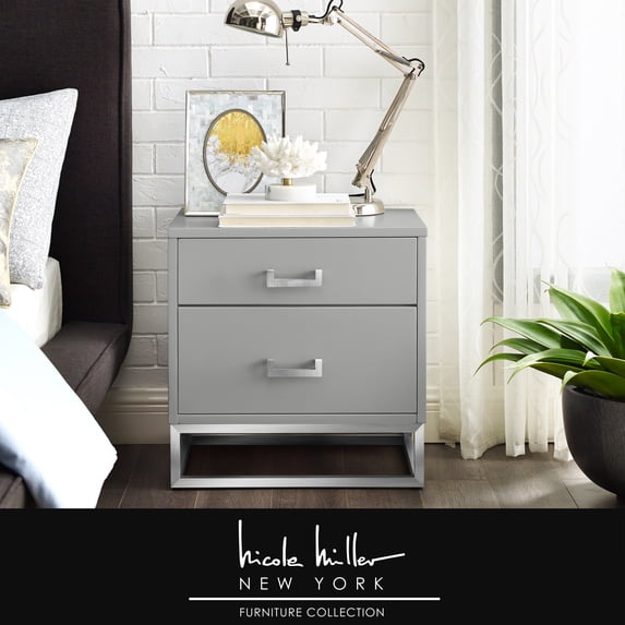Sibylla Light Grey Chrome Side Table - 2 Drawers, Glossy Handle, Stainless Steel Polished Base