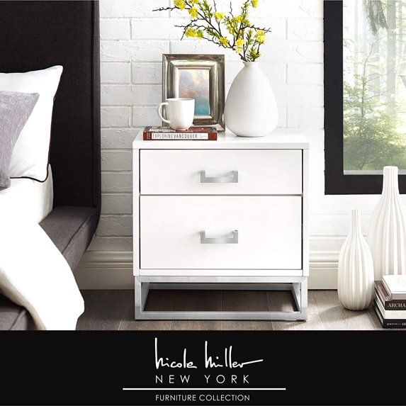 Sibylla White Chrome Side Table - 2 Drawers, Glossy Handle, Stainless Steel Polished Base