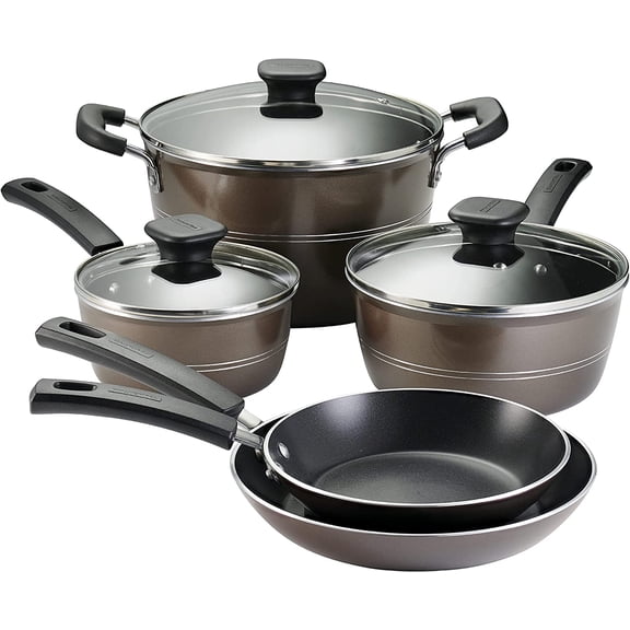 Sicilia 8-Piece Non Stick Cookware Set with Glass Lids, Aluminum Nonstick Pots and Pans Kitchen Set (Hazelnut)