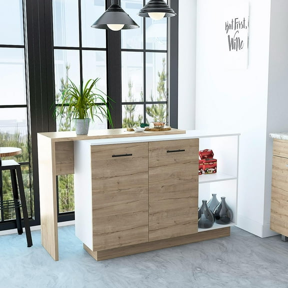 TUHOME Sicilia Kitchen Island with Storage, 59" Two-Level Countertop, Double Door Cabinet & Shelves