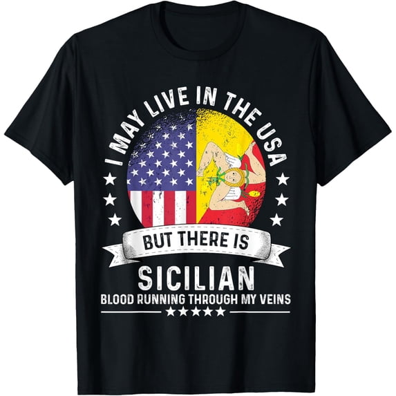 Sicilian American Patriot Grown Country Sicily Flag T-ShirtMen's and women's gift, black and white T-shirt, size: Extra large S-4XL