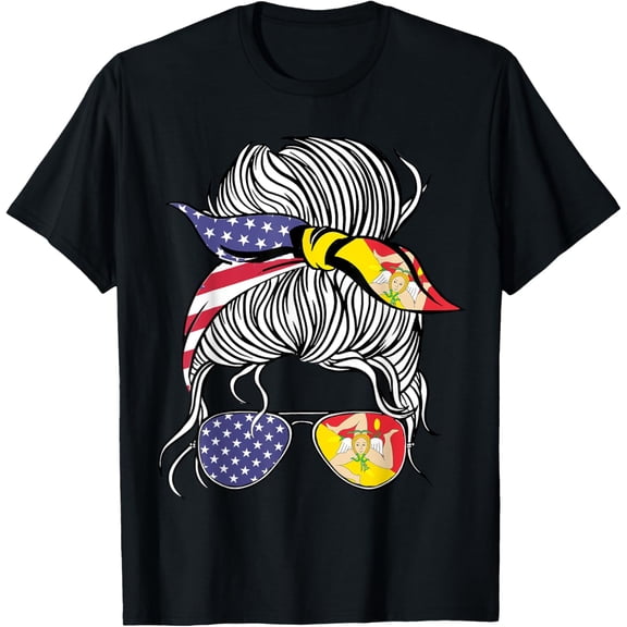 Sicilian American Patriot Grown Proud Women Girl Flag T-ShirtMen's and women's gift, black and white T-shirt, size: Extra large S-4XL