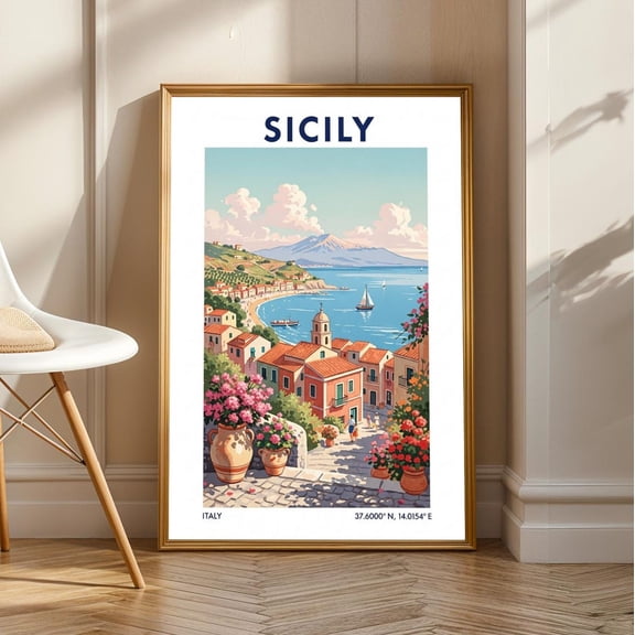 Sicilian Coastal Village Art Print: Vintage Gouache Mediterranean Decor, Unframed Canvas Size 8x12
