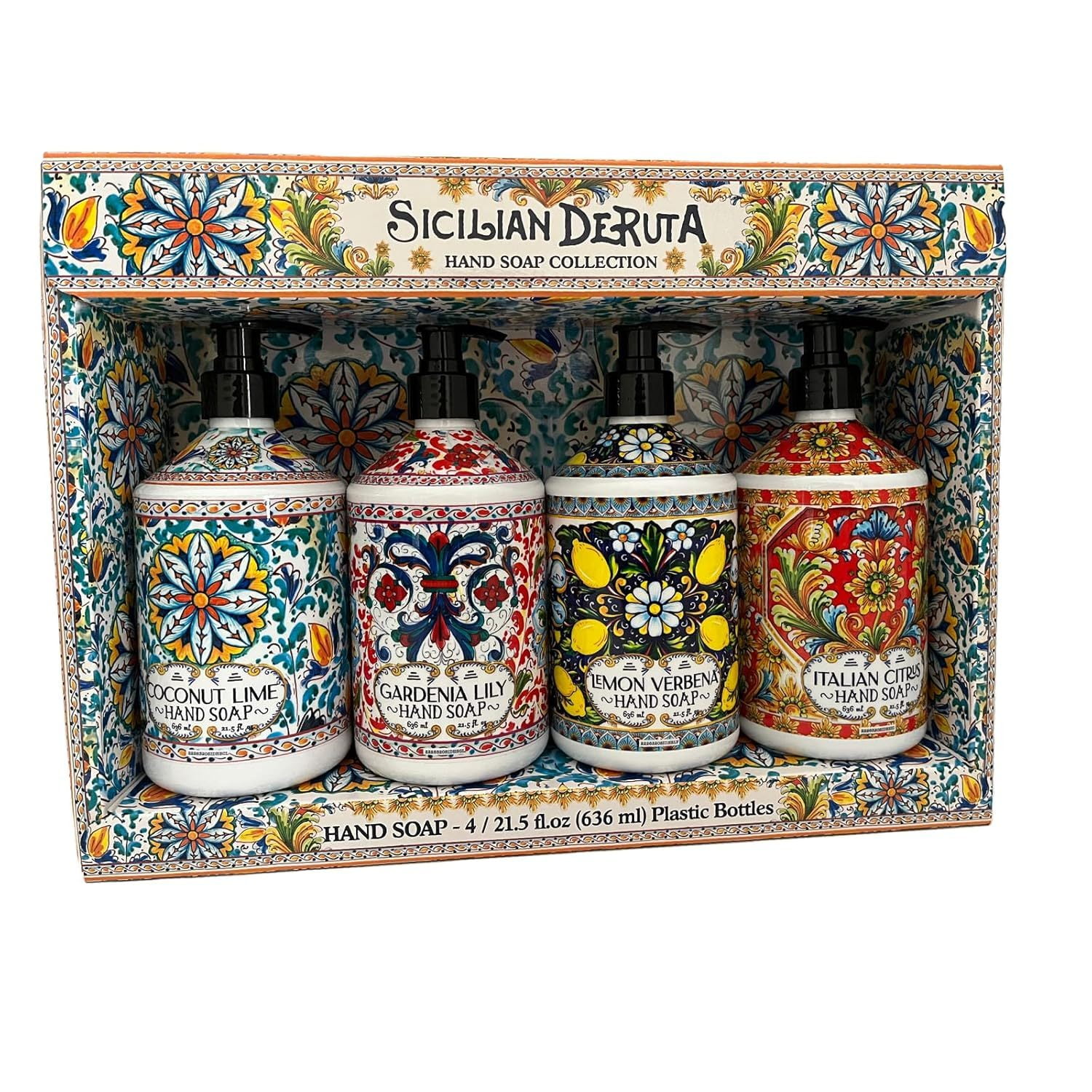 Sicilian Deruta | Hand Soap Collection | 4 x 21.5 fl.oz Plastic Bottles | Italian Citrus | Lemon Verbena | Gardenia Lily | Coconut Lime