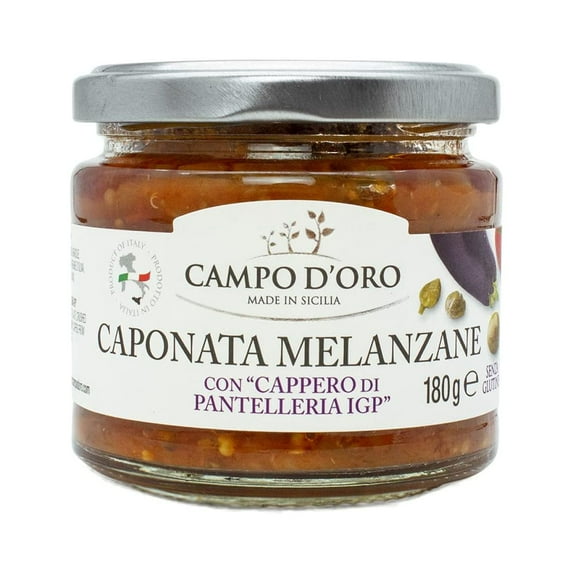 Sicilian Eggplant Caponata, Glass, Jar 6.3 oz. Sicilian recipe for antipasto, appetizer, side dish or pasta with Eggplant, Tomato, Onion, Celery, Olives and Capers. 100% Made in Italy, Campo D'Oro