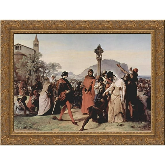 Sicilian evenings painting series, Scene 3 24x18 Gold Ornate Wood Framed Canvas Art by Francesco Hayez