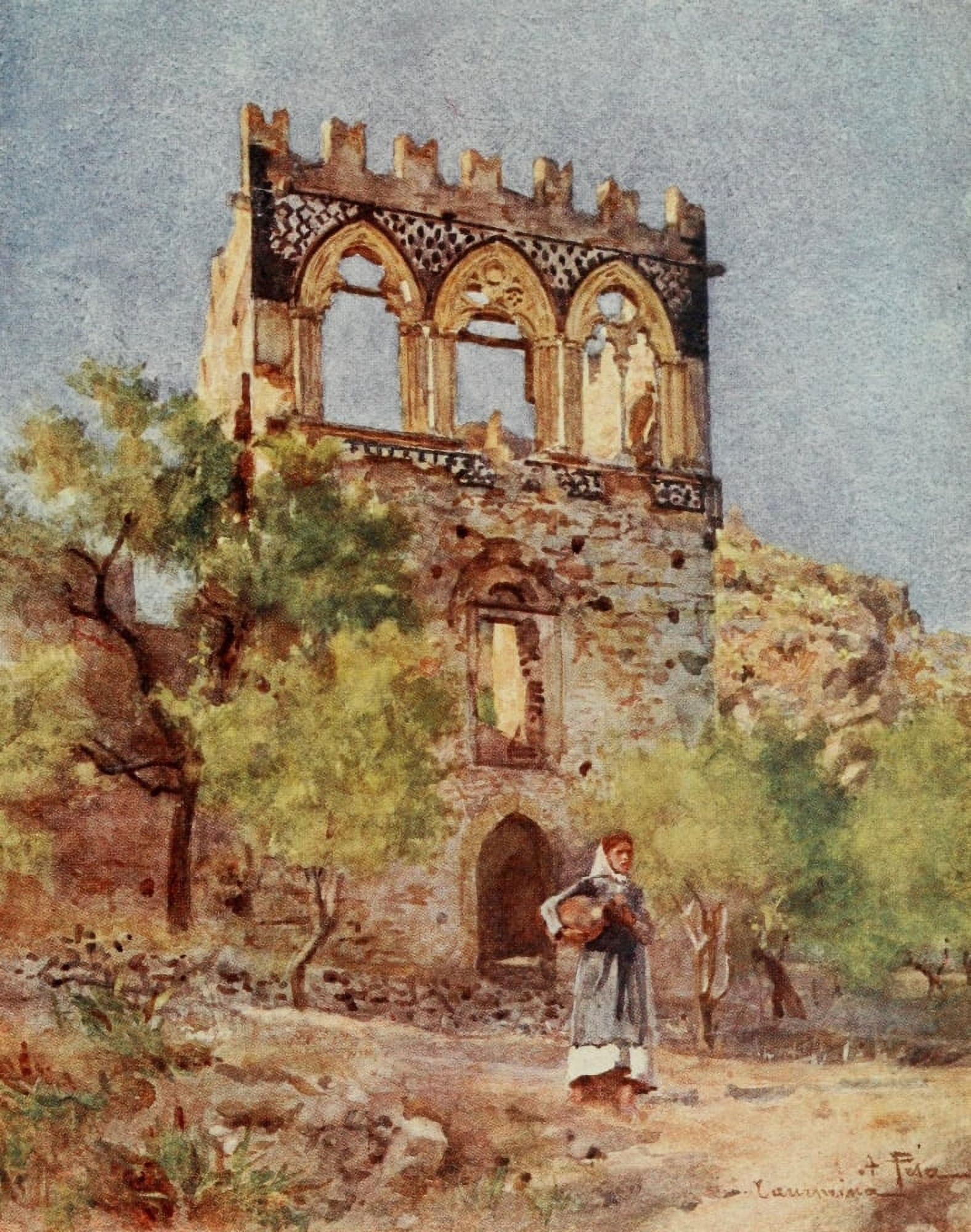 Sicily 1911 Badia Vecchia Taormina Canvas Art - Alberto Pisa (18 x 24)