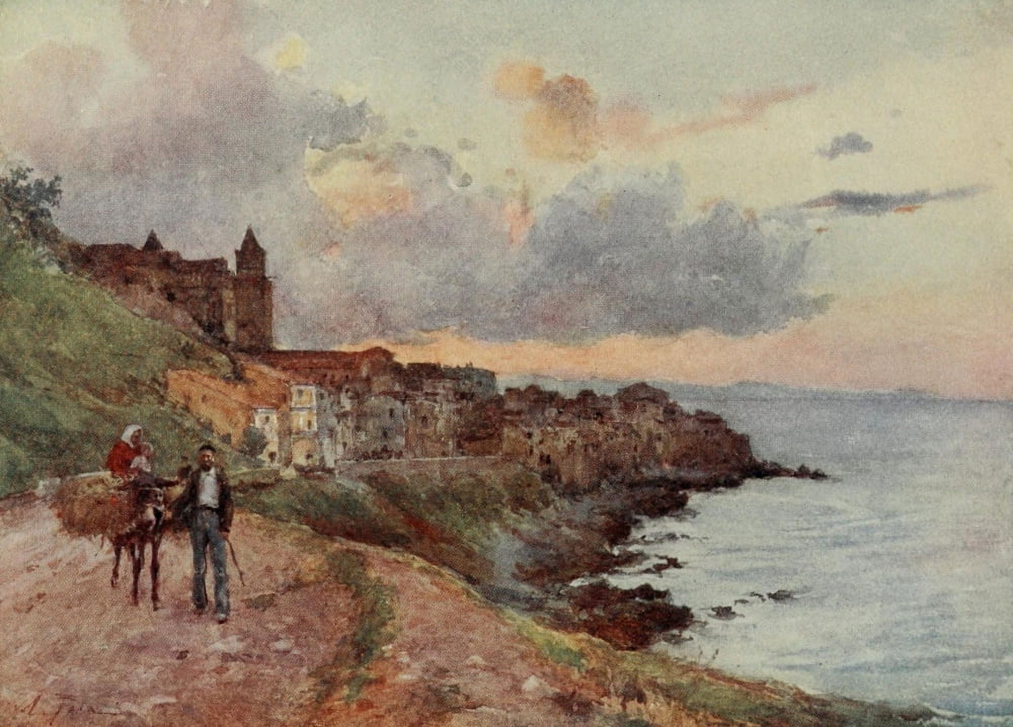 Sicily 1911 Cefalu sunset Canvas Art - Alberto Pisa (18 x 24)