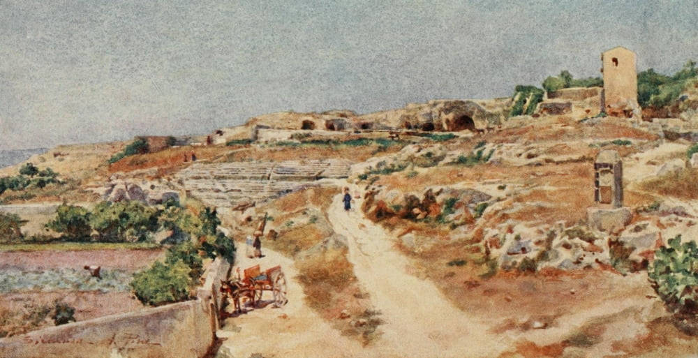 Sicily 1911 Theatre & Street of Tombs Syracuse Canvas Art - Alberto Pisa (18 x 24)