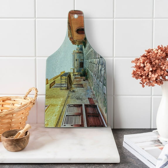 Sicily Cutting Board, Narrow Street in Erice Italy Historic Outdoor Photo Travel Europe Vacation, Decorative Tempered Glass Cutting and Serving Board, in 3 Sizes, by Ambesonne