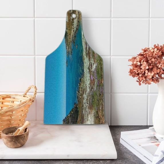 Sicily Cutting Board, Panoramic Shot of Paradise Sea Beach Cala Paradiso Nature Landscape Italy Holiday, Decorative Tempered Glass Cutting and Serving Board, in 3 Sizes, by Ambesonne