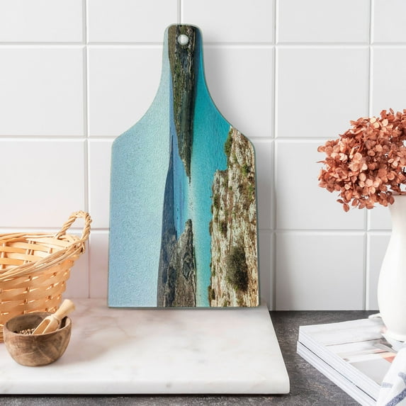 Sicily Cutting Board, Pure Water Lampedusa Island Summer DayTourism Travel Italy Cruise Coast, Decorative Tempered Glass Cutting and Serving Board, in 3 Sizes, by Ambesonne