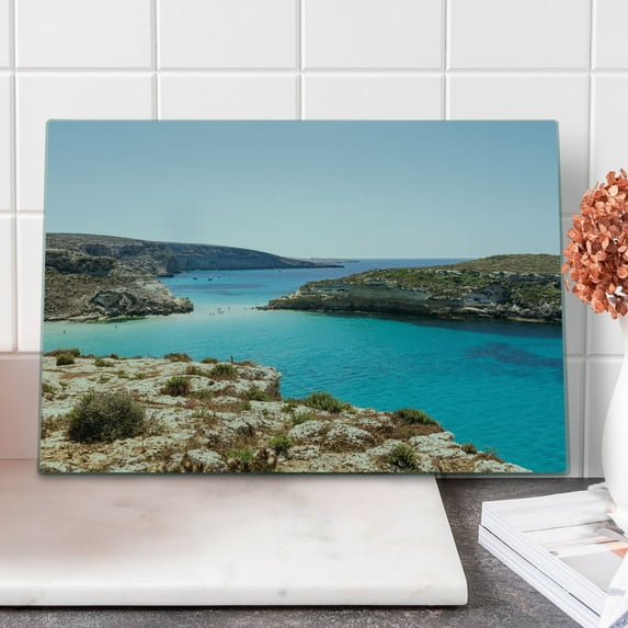 Sicily Cutting Board, Pure Water Lampedusa Island Summer DayTourism Travel Italy Cruise Coast, Decorative Tempered Glass Cutting and Serving Board, in 3 Sizes, by Ambesonne