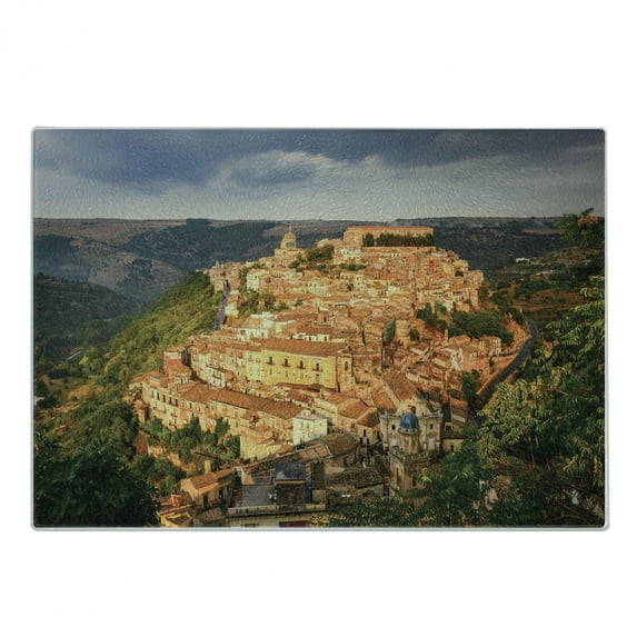 Sicily Cutting Board, Scenic View of Village Ragusa Ibla at Sunset Unique Old Architecture, Decorative Tempered Glass Cutting and Serving Board, in 3 Sizes, by Ambesonne