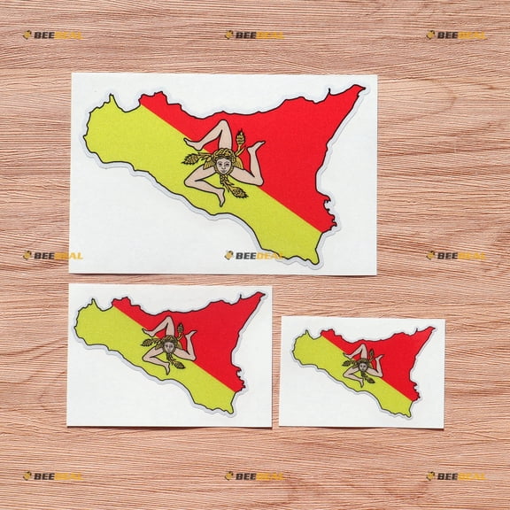 Sicily Island Sicilia Sicilian Map Flag Italian Italy Vinyl Decal Sticker - 3 Pack Reflective, 3 Inches, 4 Inches, 6 Inches - for Car Boat Laptop Cup Phone
