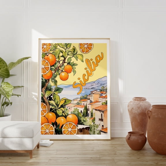 Sicily Italy Art Poster: Retro Oranges, Taormina Travel Poster, Stretched Canvas Size 8x12
