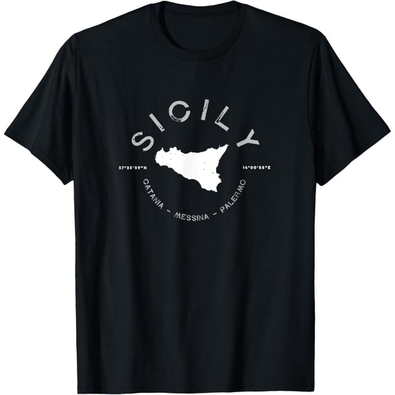 Sicily Italy Graphic Vintage Map T T-ShirtMen's and women's gift, black and white T-shirt, size: Extra large S-4XL