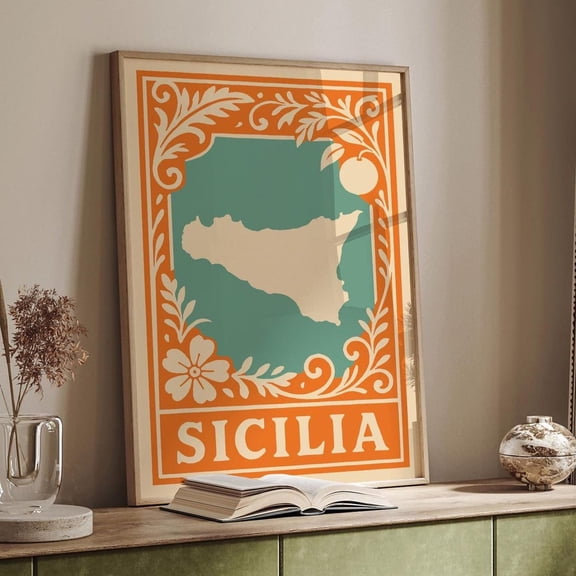 Sicily Map Poster Vintage Italian Citrus Floral Border, Unframed Canvas 24x36in