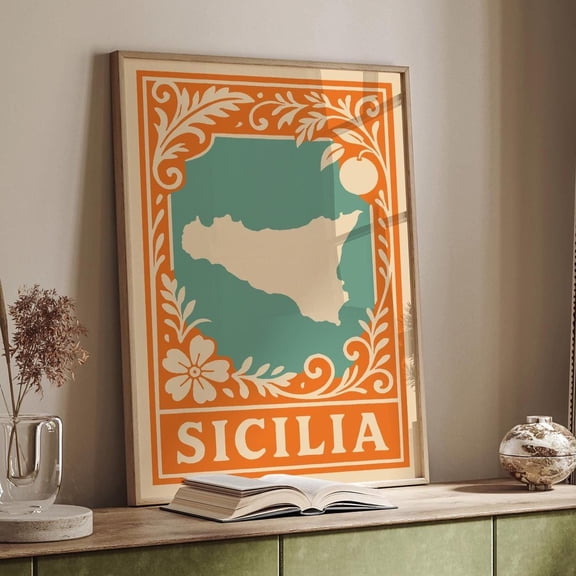 Sicily Map Poster, Vintage Italian Wall Art With Citrus & Floral Border UNFRAMED Poster, Wall Art for Decor, Present, 24x36