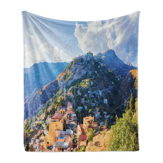 Sicily Soft Flannel Fleece Blanket, Mountain in Taormina Houses on Hill Medieval Old European Town in Nature Destination, Cozy Plush for Indoor and Outdoor Use, 60" x 80", Multicolor, by Ambesonne