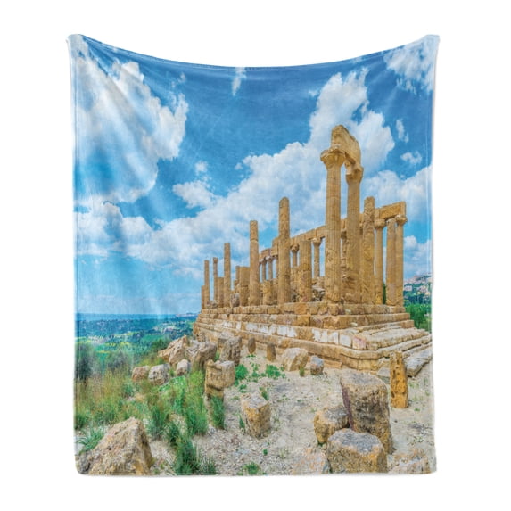 Sicily Soft Flannel Fleece Throw Blanket, Building of Juno Photo with Cloudy Sky Historical Roman Heritage, Cozy Plush for Indoor and Outdoor Use, 70" x 90", Multicolor, by Ambesonne