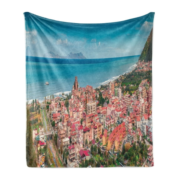 Sicily Soft Flannel Fleece Throw Blanket, Cozy Brolo Town Aerial View Picturesque Buildings and Roofs Mediterranean Sea, Cozy Plush for Indoor and Outdoor Use, 50" x 60", Multicolor, by Ambesonne