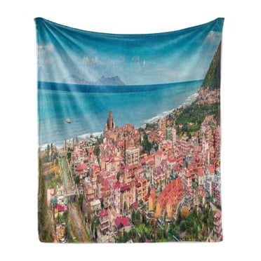 Sicily Soft Flannel Fleece Throw Blanket, Cozy Brolo Town Aerial View Picturesque Buildings and Roofs Mediterranean Sea, Cozy Plush for Indoor and Outdoor Use, 50" x 70", Multicolor, by Ambesonne