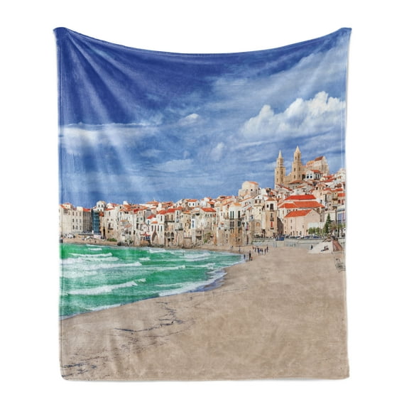 Sicily Soft Flannel Fleece Throw Blanket, Dreamy Photo of Beach at Cefalu Italy Sea Sky and Buildings in Vibrant Colors, Cozy Plush for Indoor and Outdoor Use, 60" x 80", Multicolor, by Ambesonne