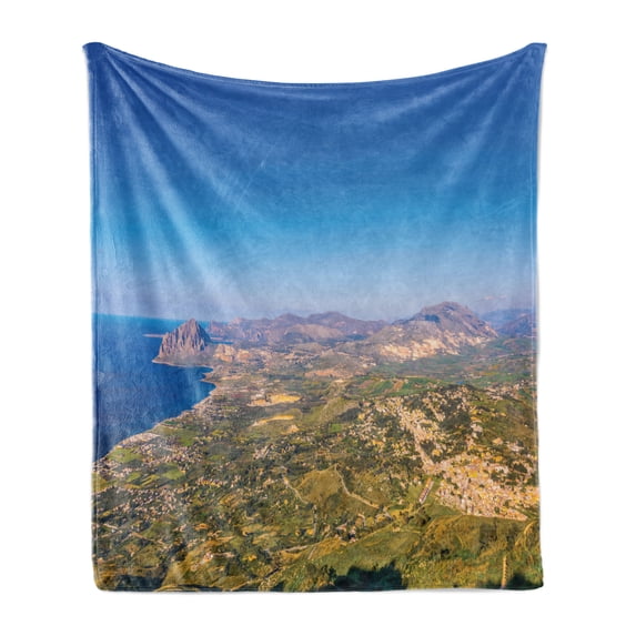 Sicily Soft Flannel Fleece Throw Blanket, Fascinating Aerial View of Sicilian Coast Dominated by Monte Cofano Travel Italy, Cozy Plush for Indoor and Outdoor Use, 70" x 90", Multicolor, by Ambesonne