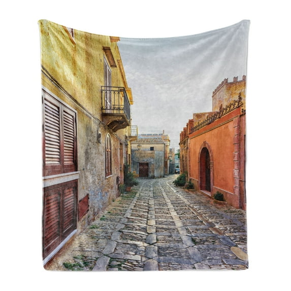 Sicily Soft Flannel Fleece Throw Blanket, Narrow Street in Erice Italy Historic Outdoor Photo Travel Europe Vacation, Cozy Plush for Indoor and Outdoor Use, 70" x 90", Multicolor, by Ambesonne