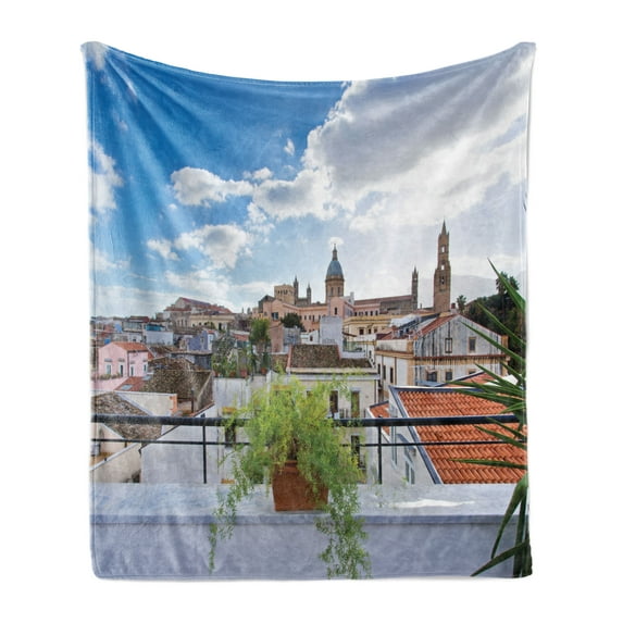 Sicily Soft Flannel Fleece Throw Blanket, Panorama of the City of Palermo with Cloudy Sky Old European Town Buildings Photo, Cozy Plush for Indoor and Outdoor Use, 60" x 80", Multicolor, by Ambesonne