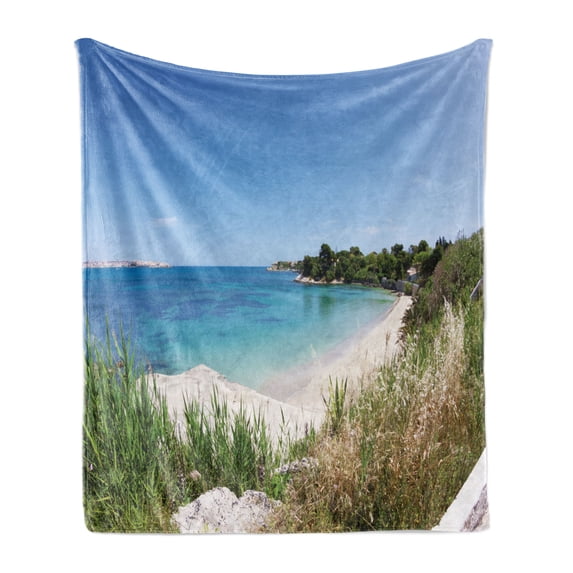 Sicily Soft Flannel Fleece Throw Blanket, Panoramic Coastline Photo Sandy Beach Scenery with Herbs and Trees, Cozy Plush for Indoor and Outdoor Use, 50" x 60", Multicolor, by Ambesonne